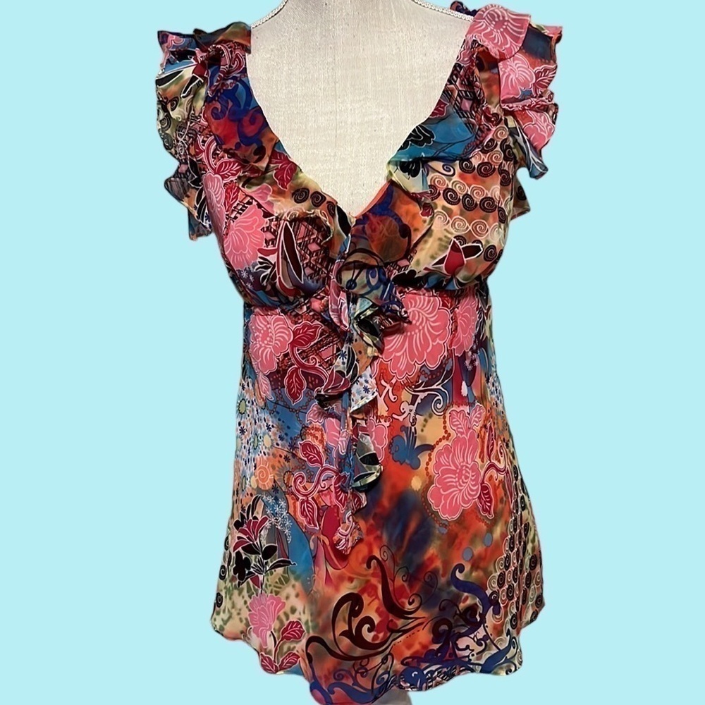 Bisou Bisou sleeveless, neckline ruffle top, small - Picture 2 of 8